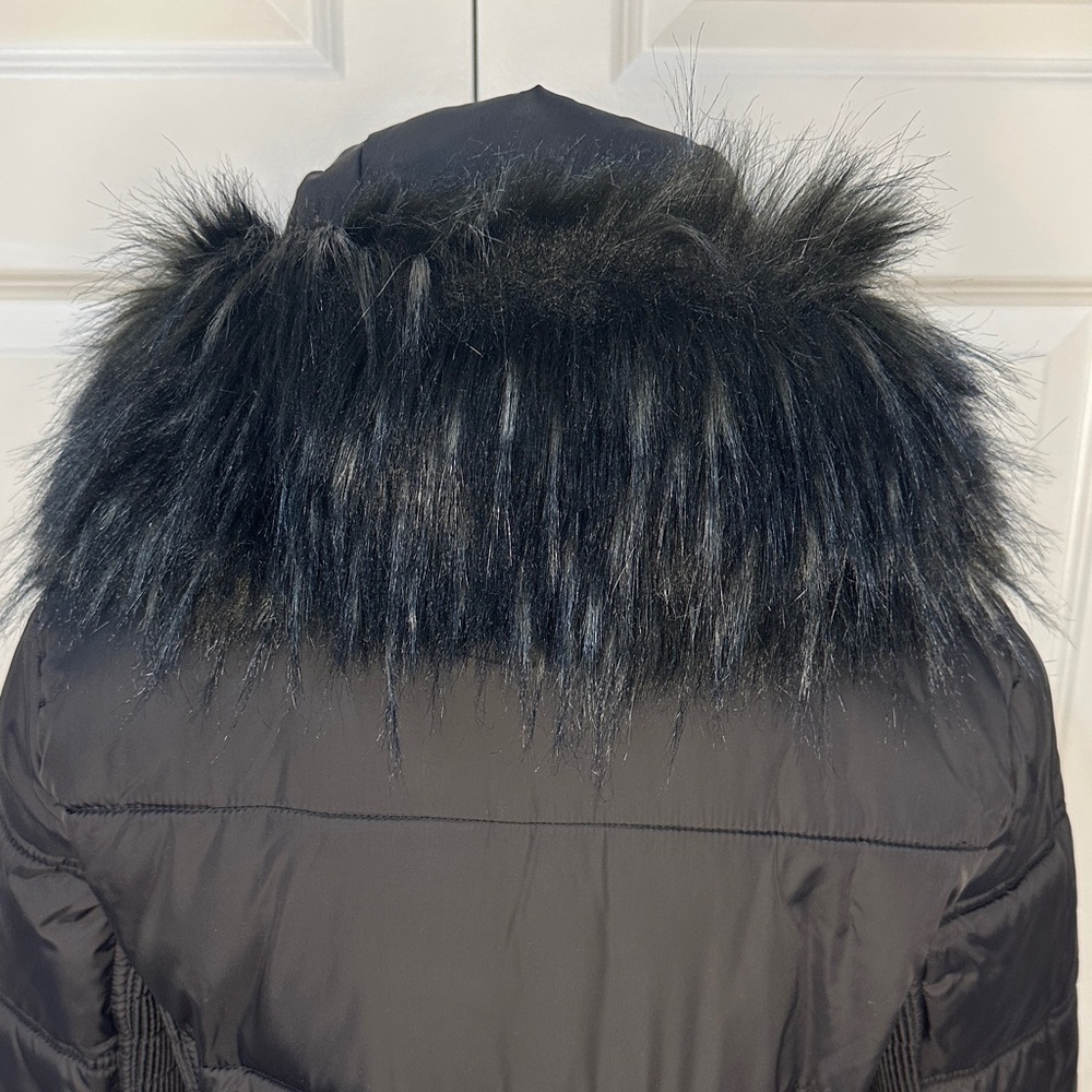 French Connection Black Asymmetric Puffer Faux Fur Trim Quilted Warm Coat Size M - Picture 10 of 16